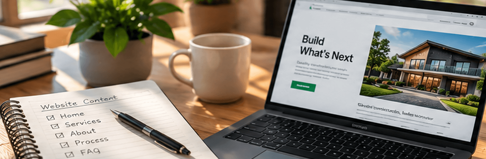 Website content planning with a page wireframe, notebook, and workspace