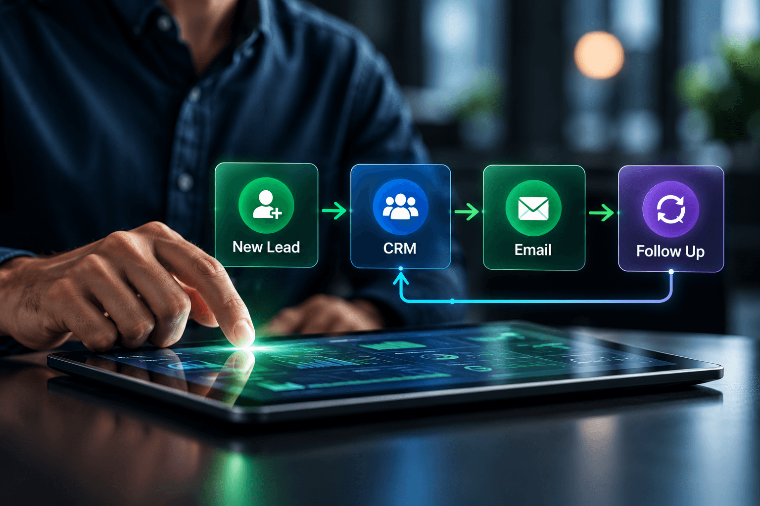 Business automation workflow showing a new lead moving through CRM, email, follow-up, and back to CRM