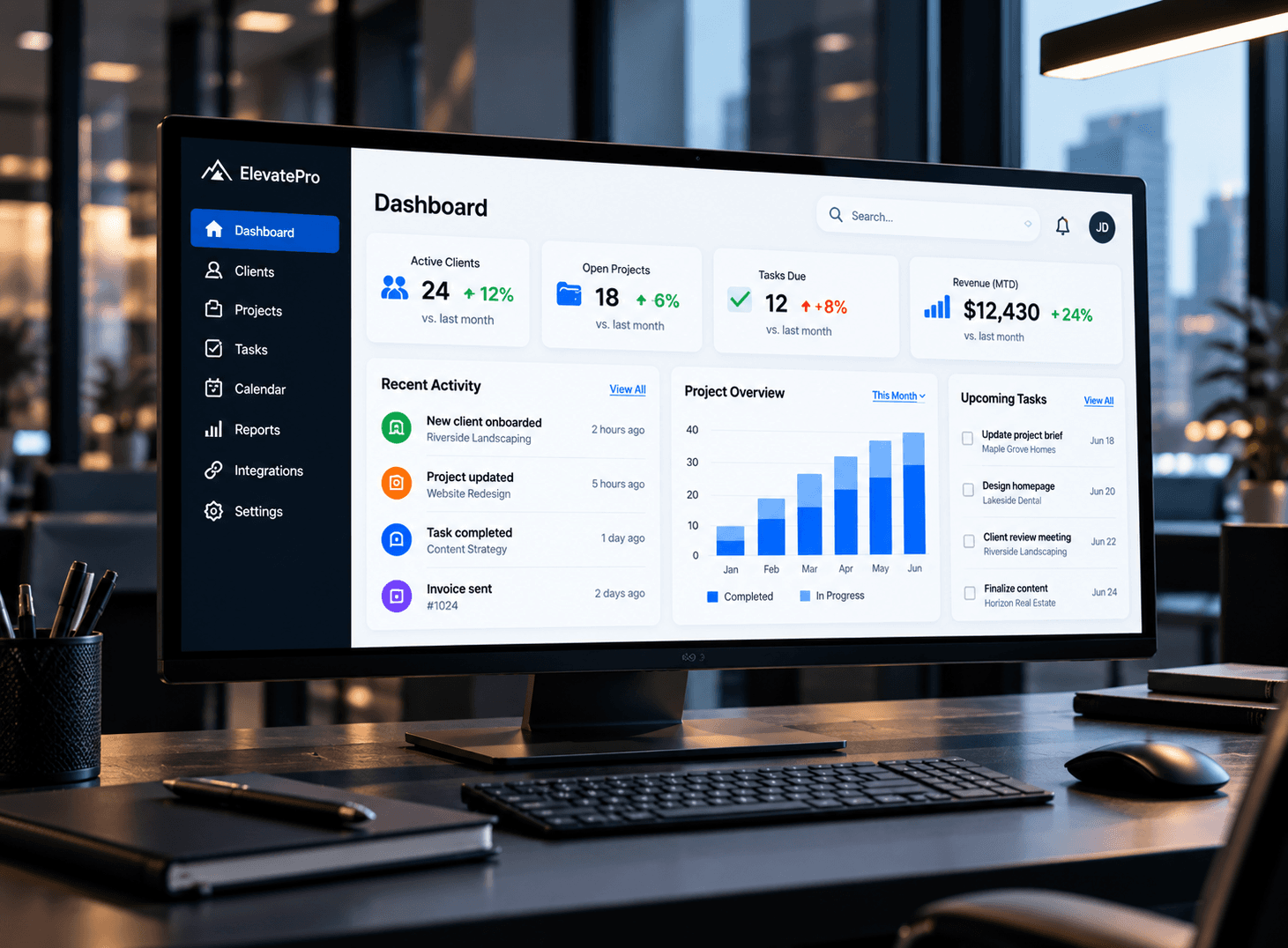 Custom business software dashboard with project and activity information
