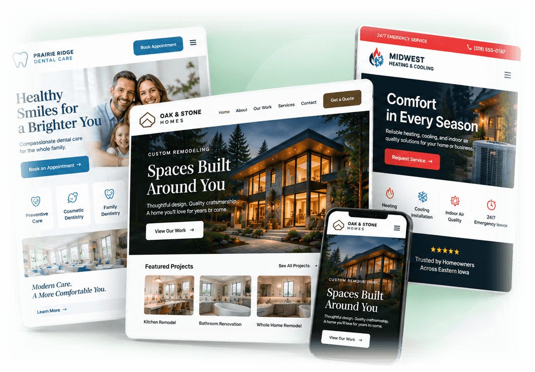 Overlapping custom website examples for a dental practice, home remodeler, HVAC company, and mobile site